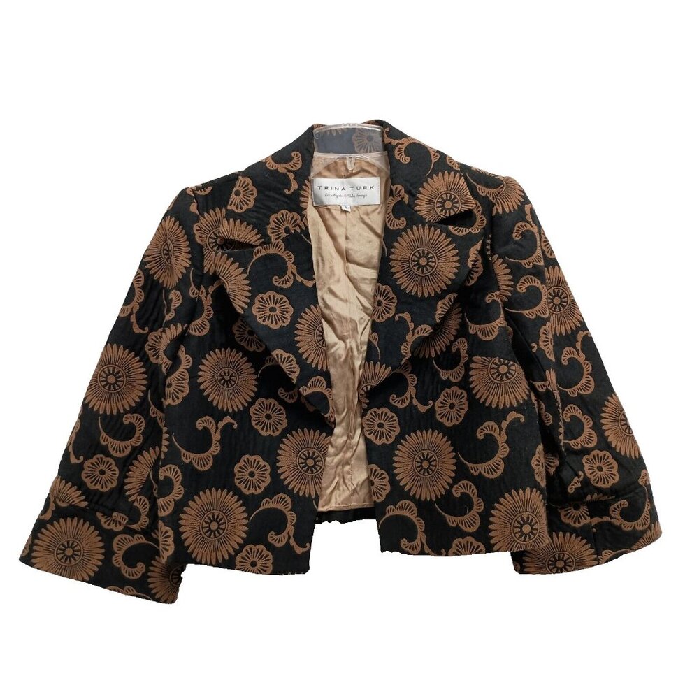 Trina Turk Womens‎ Cropped Jacket Size 4 Black Brown Floral Jacquard BOHO